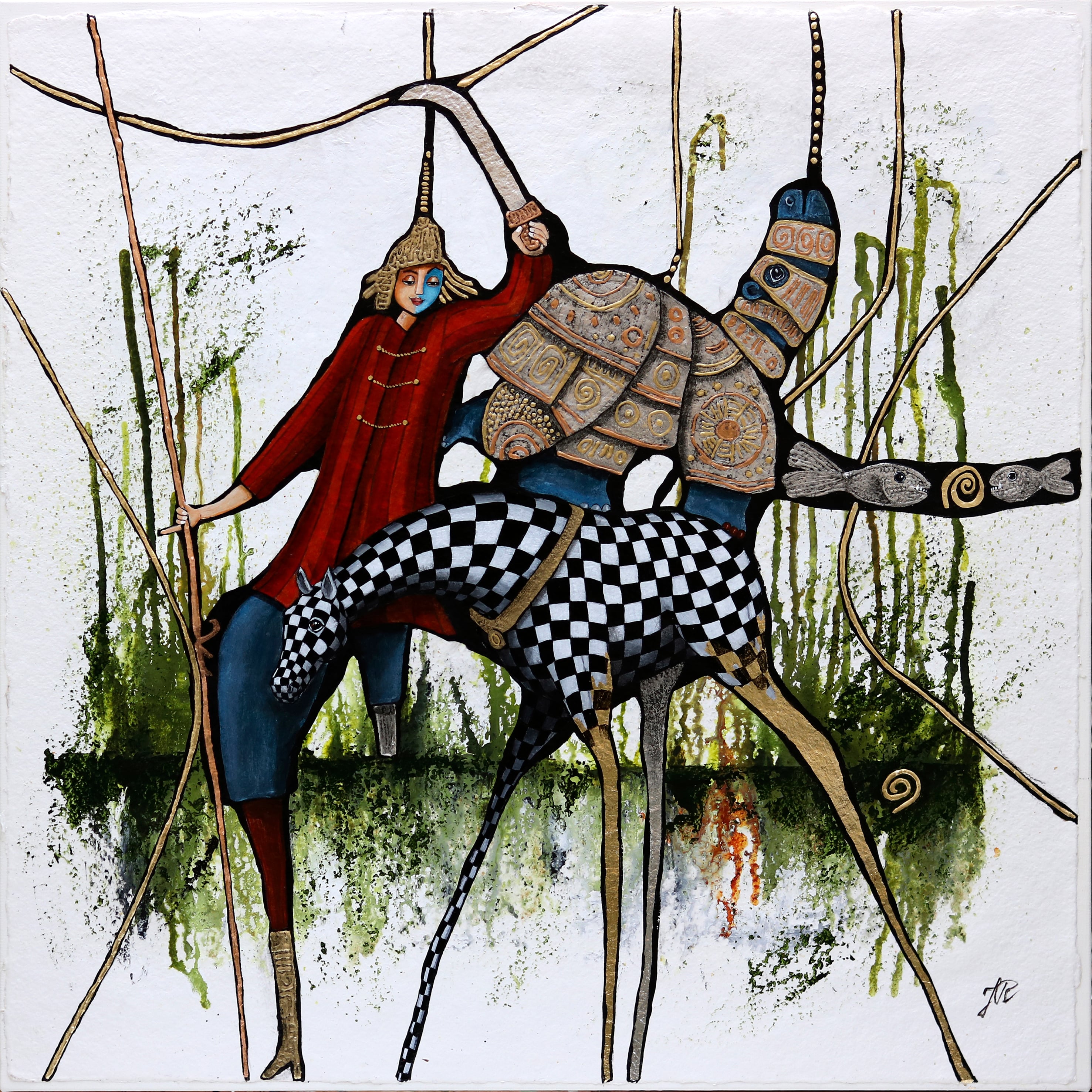 Titel: Bare en time mere, vi skal finde Holgers kanin
500g papir monteres på lærred. Akryl og slagmetal. Behandlet med UV-fernis. 74x74cm med sort svæveramme