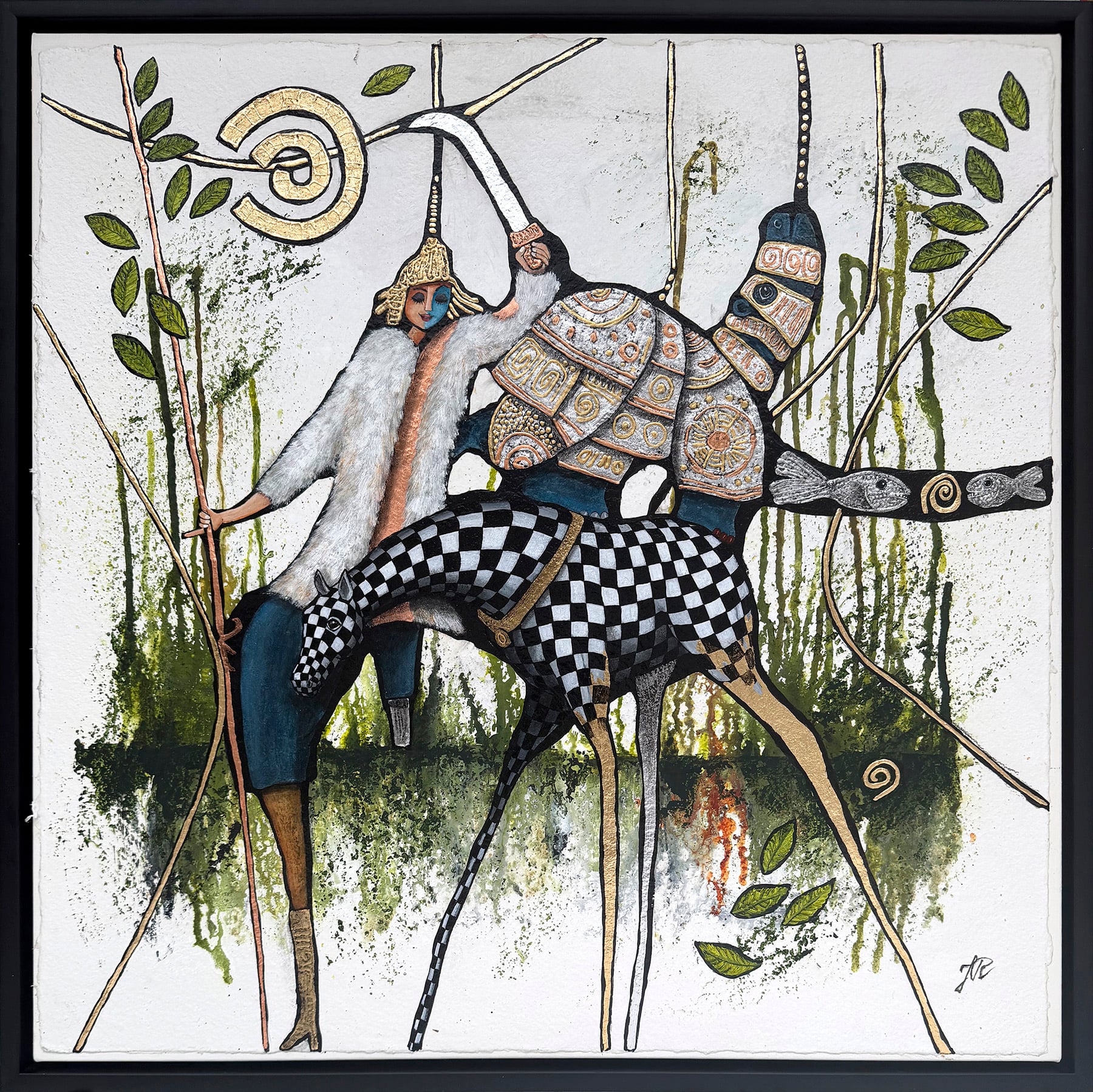 "Så… stå lige stille, jeg har næsten kuglerne"
500g papir monteres på lærred. Akryl og slagmetal. Behandlet med UV-fernis. 74x74cm med sort svæveramme