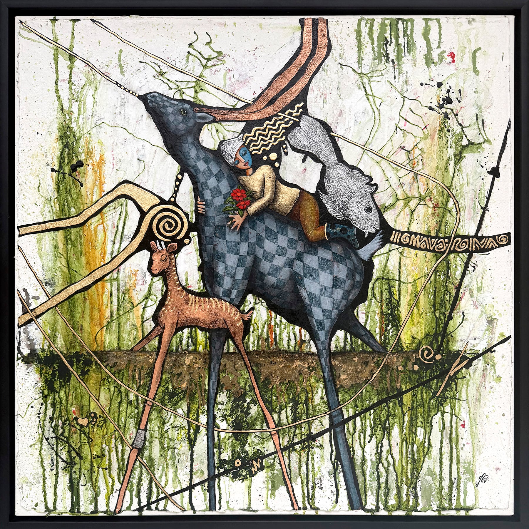 "Drømmer jeg… jeg fik blomster, fra ham"
500g papir monteres på lærred. Akryl og slagmetal. Behandlet med UV-fernis. 74x74cm med sort svæveramme