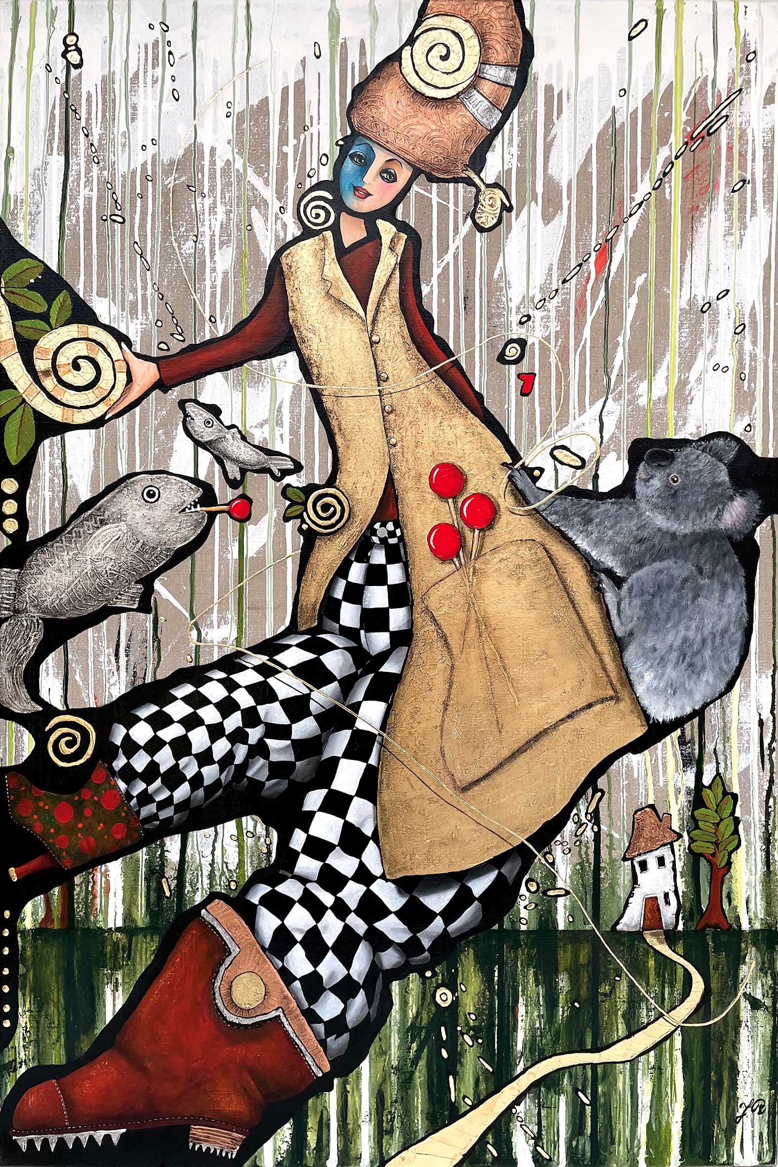 Titel: Der var en underlig ro over det øjeblik, hvor hun besluttede ikke at forklare mere.
120x80cm. Akryl og slagmetal på hørlærred