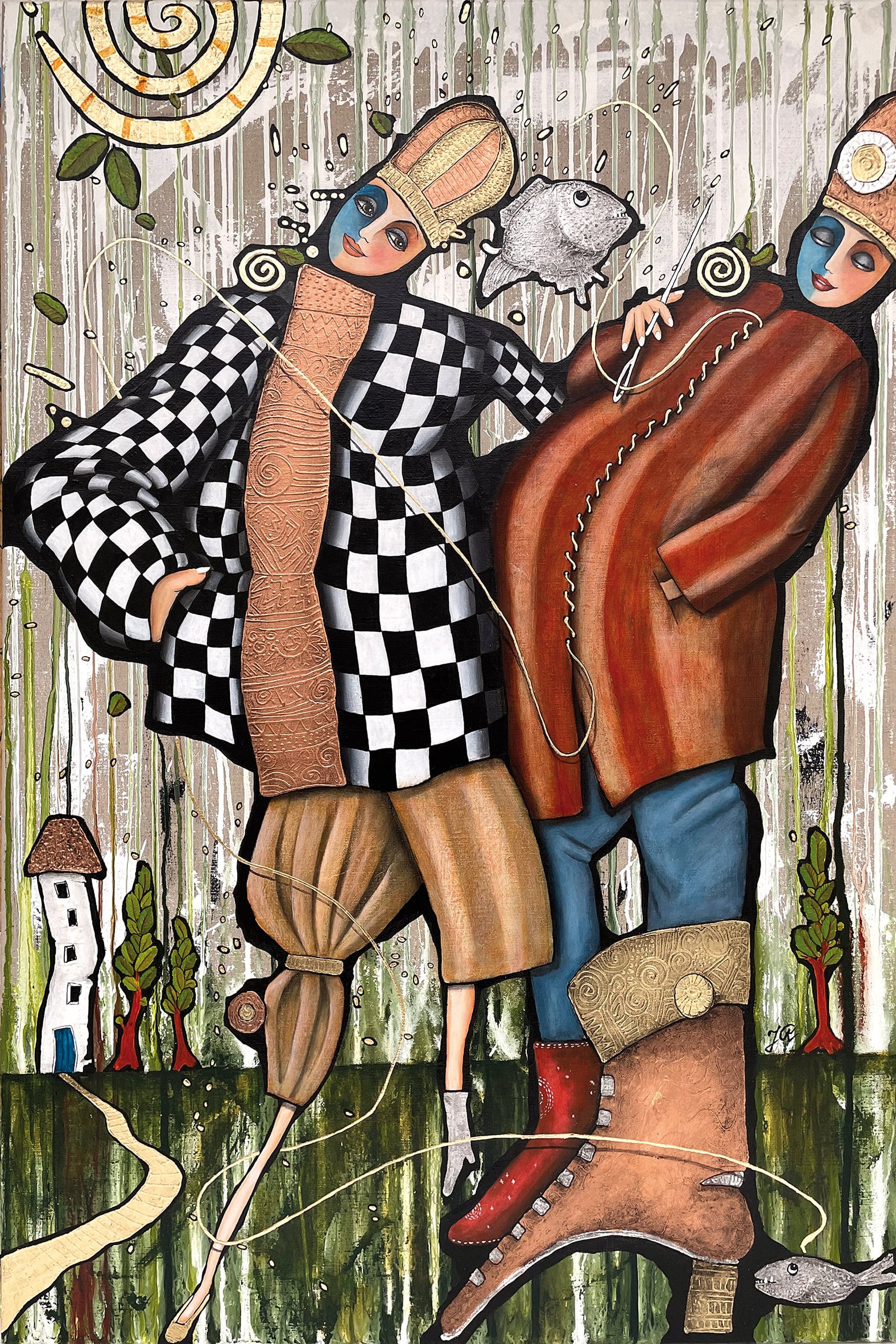 Titel: Holger sagde, at det blot var en tråd, men hun vidste, det var en livline.
120x80cm. Akryl og slagmetal på hørlærred