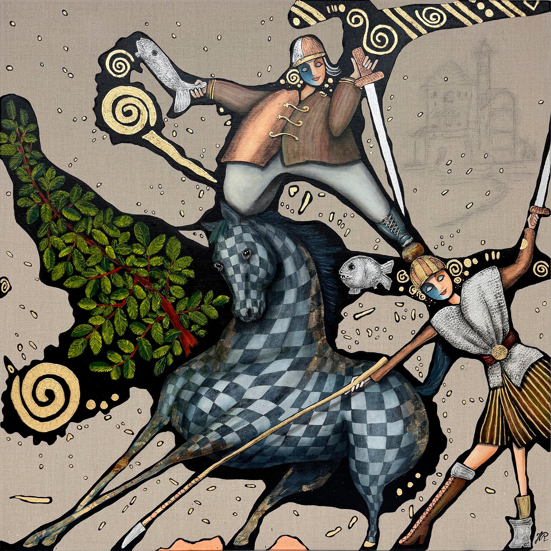 Titel: Det var ikke os, der kom med i fortællingen – men det var os, der holdt den oppe.
90x90cm - Akryl og bladmetal