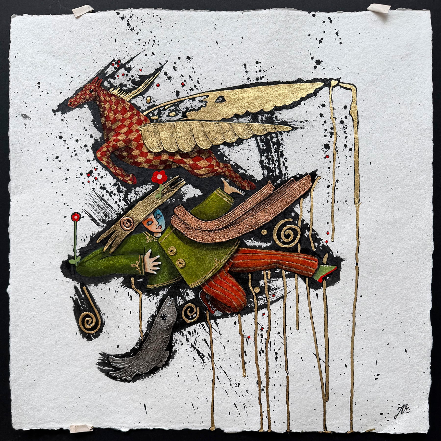 Titel:"Den del nævnte du ikke, Holger"
Akryl og bladmetal på håndlavet spansk aquaripapir. Med sort træramme, passepartout og museumsglas
