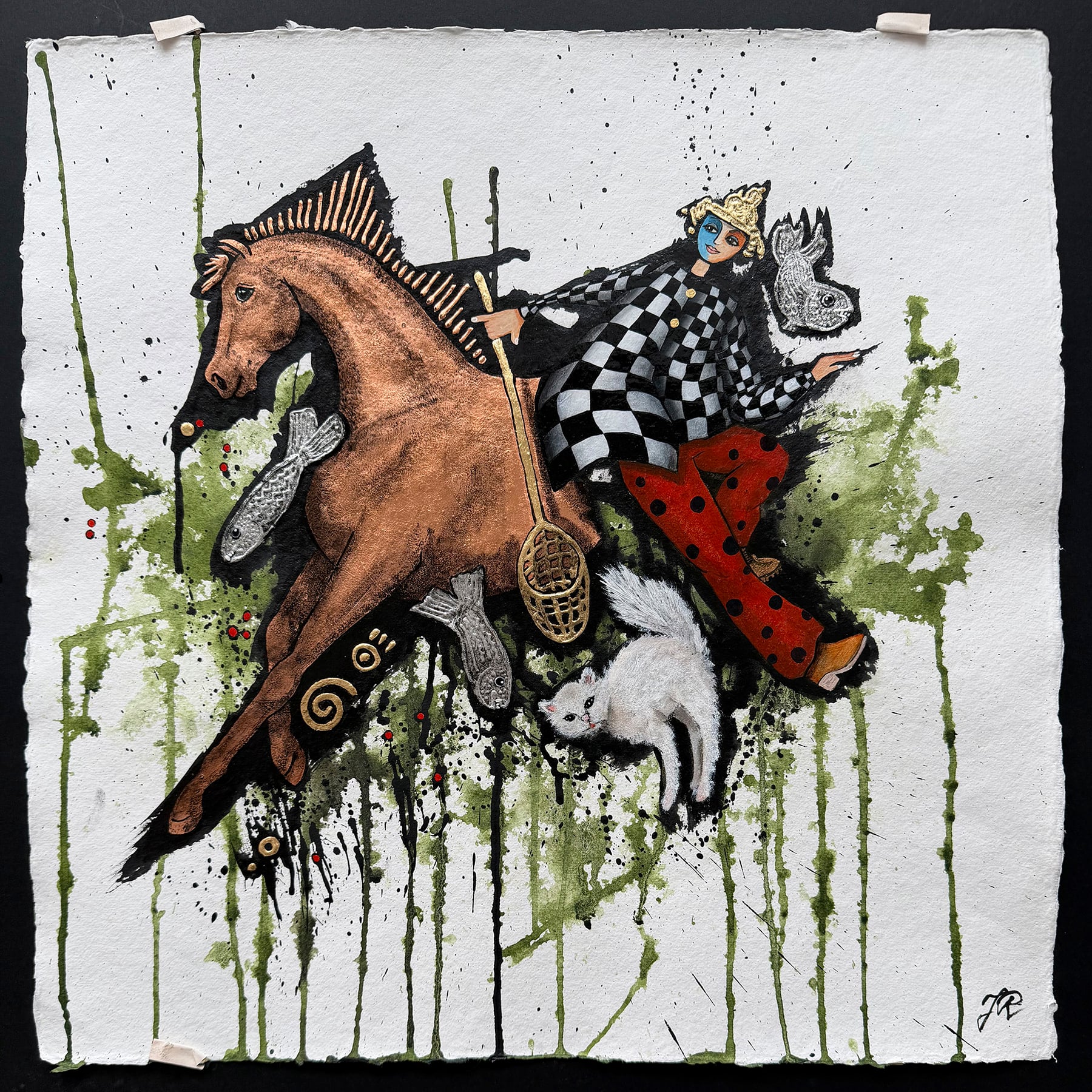 Titel: "Holger, hvad mener du? Hun er virkelig en torsk til at fange fisk"
Akryl og bladmetal på håndlavet spansk aquaripapir. Med sort træramme, passepartout og museumsglas
