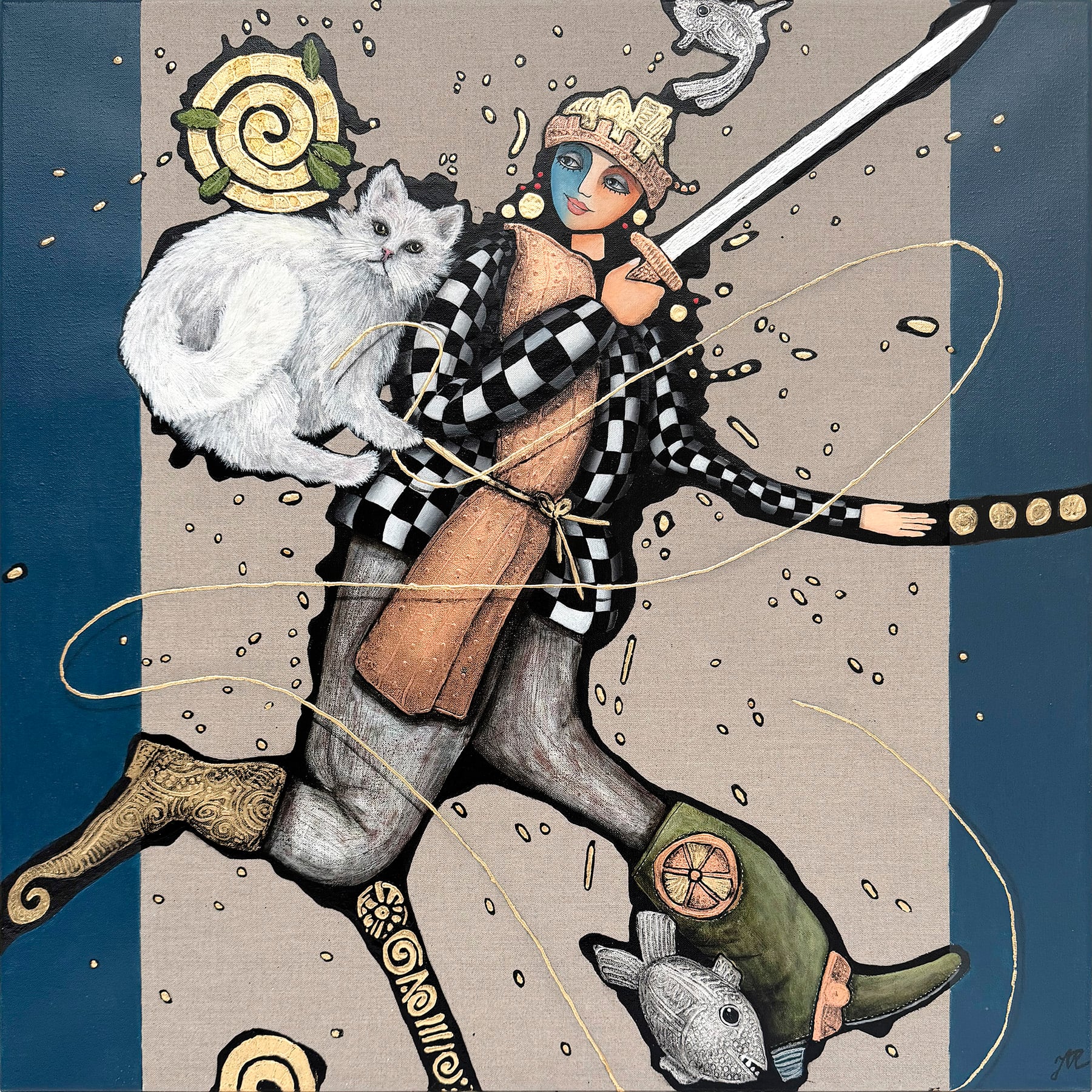 "Hallo… den guldtråd er min"
70x70cm
Akryl og bladmetal