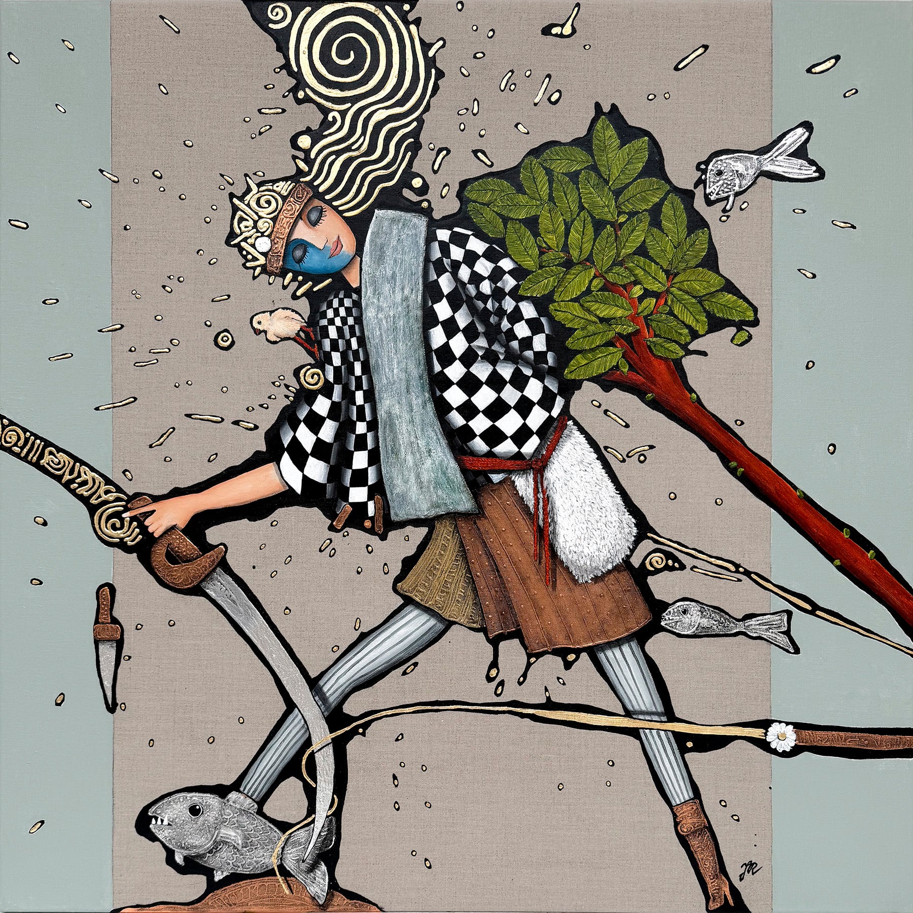 Titel: Jeg går bare lige i forvejen – I andre når vel frem på et tidspunkt.
90x90cm - Akryl og bladmetal
