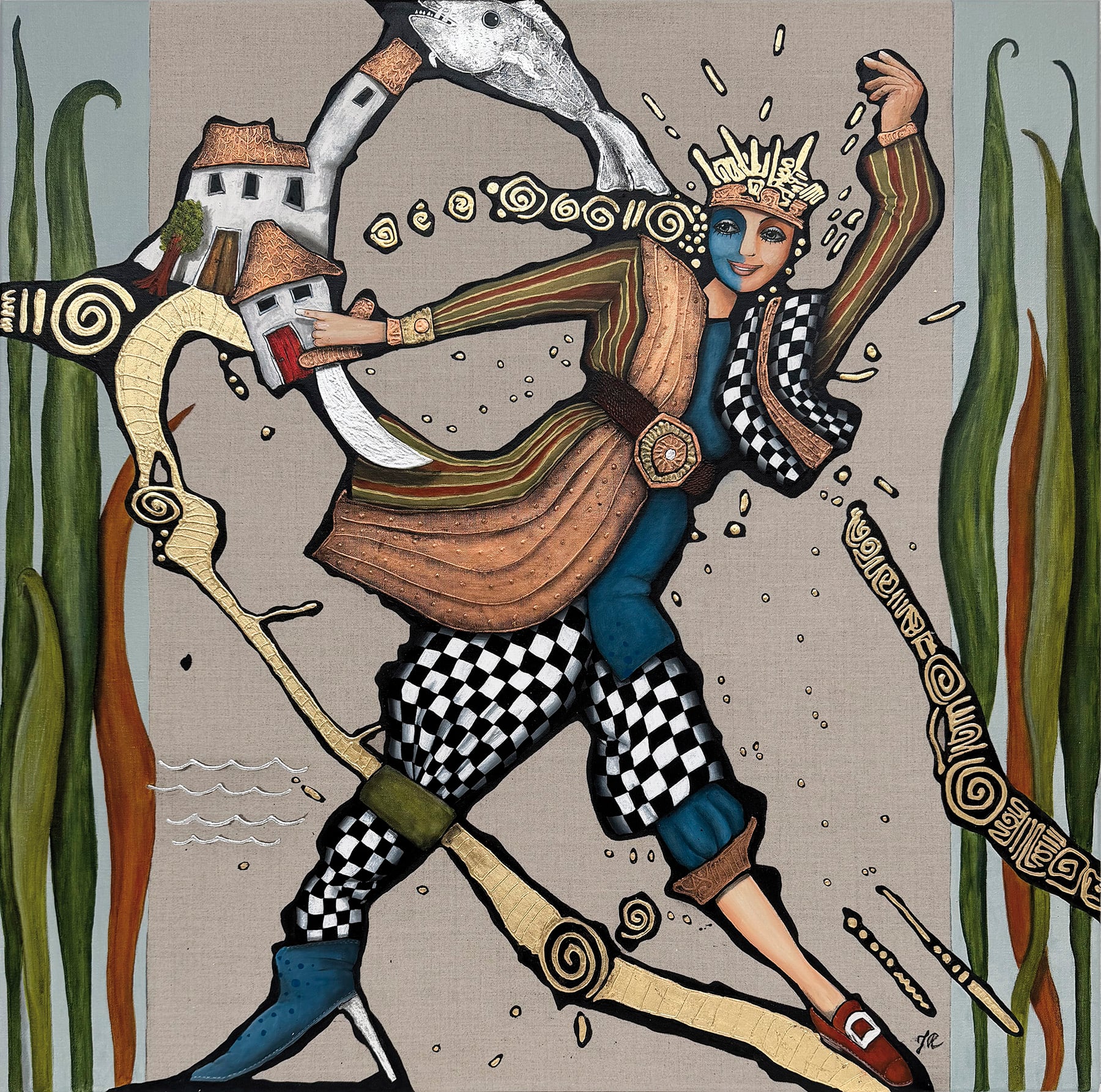 Titel: Halloooo! Jeg kan se jer – hvad har I med?
90x90cm - Akryl og bladmetal