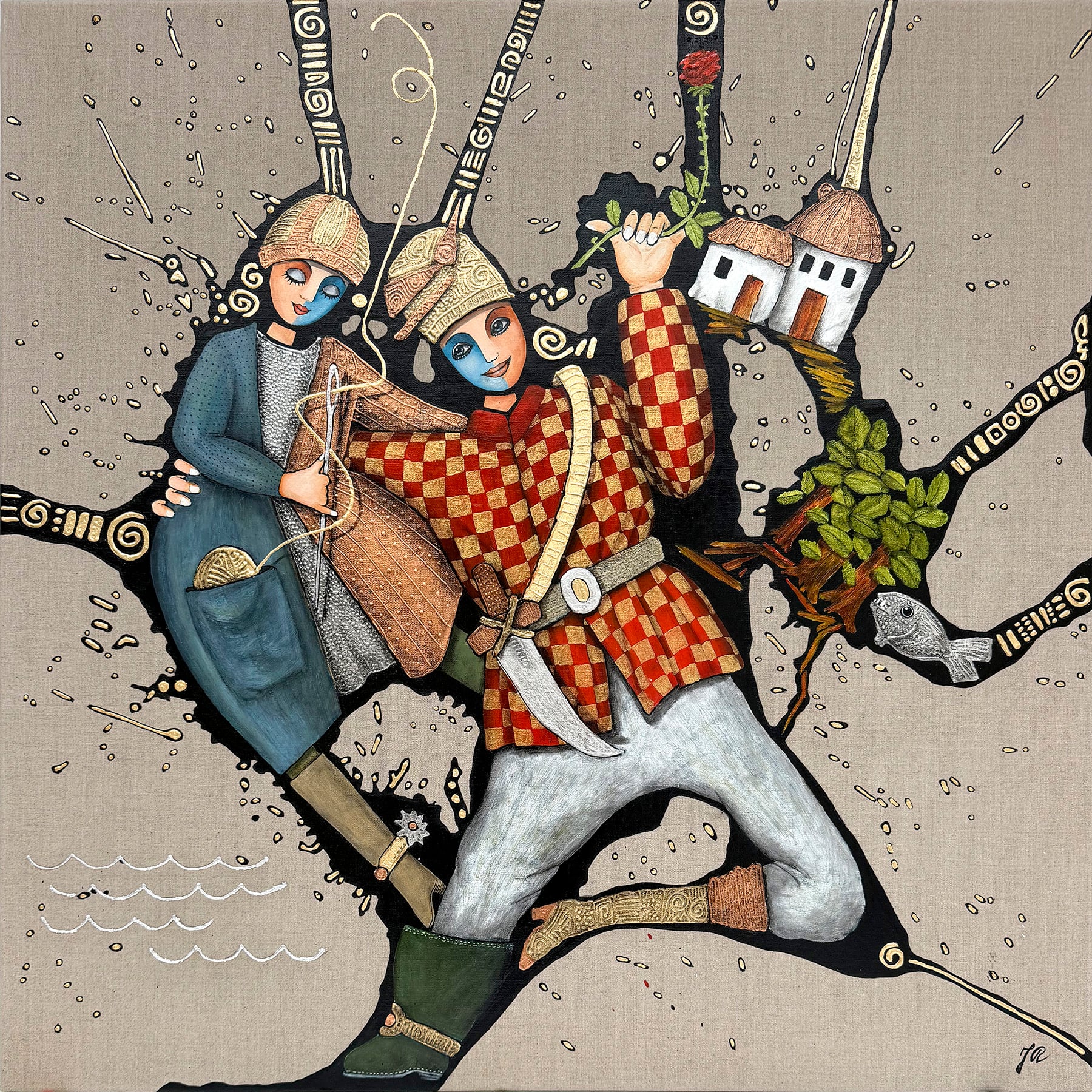 Titel: Kom her – verden kan godt klare sig uden os et øjeblik
90x90cm - Akryl og bladmetal